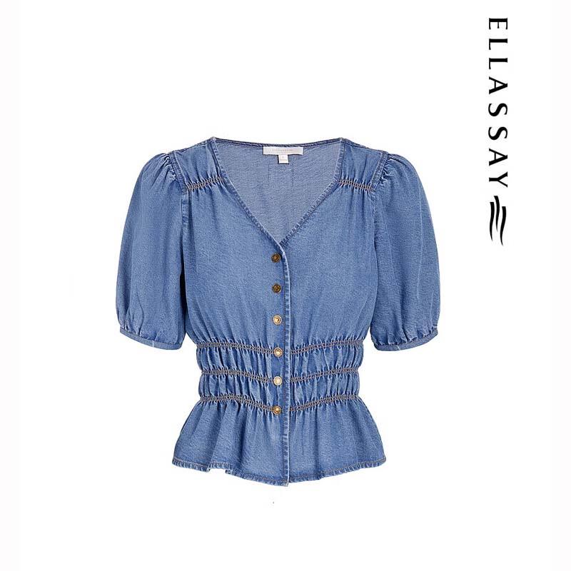 

ELLASSAY Pleated V-neck Denim Top S