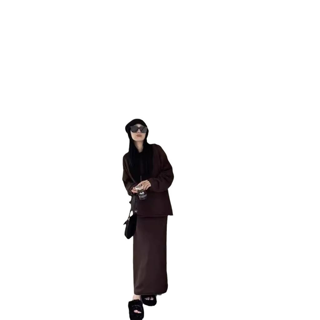 New solid color round neck loose lazy style pullover + elastic waist skirt foreign style two-piece set for women