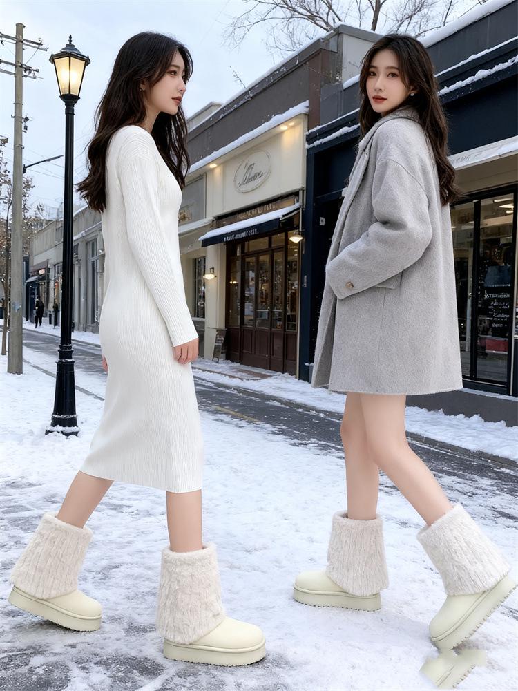 Women's 2025 Fluffy Fur Mid-Calf Snow Boots - Thick-Soled, Plush Velvet Lined, Winter Fashion.