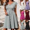 Summer V-Neck Buttoned Waist Cinched Elastic Short Sleeve Dress for Women, European American Style Crossborder Women's Dress