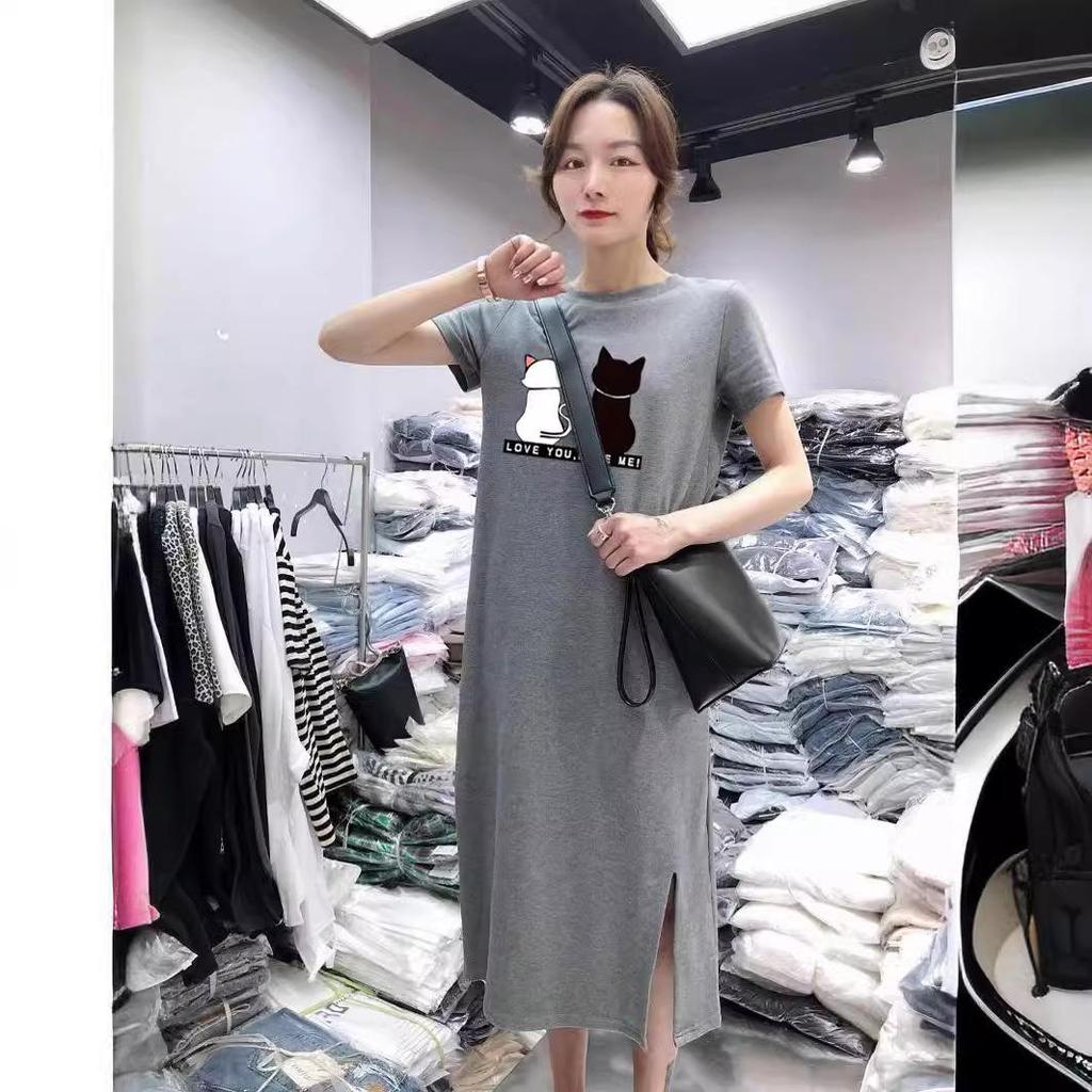 New Summer Black and White Cat Print Slit Dress - Loose, Slimming, Short Sleeve Women's Fashion