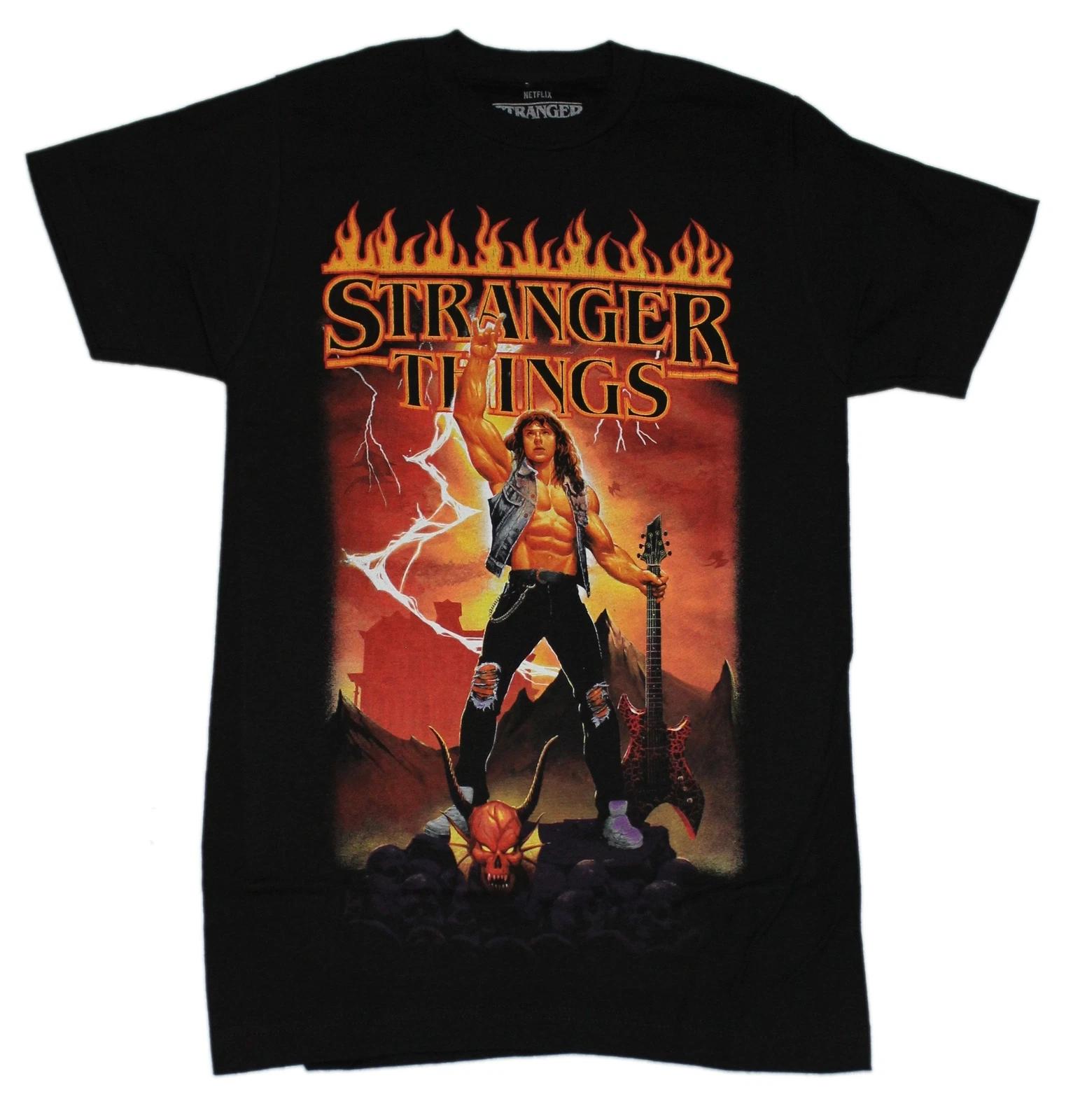Stranger Things New Adult T-Shirt - Eddie Munson Fiery Rocking Out XL