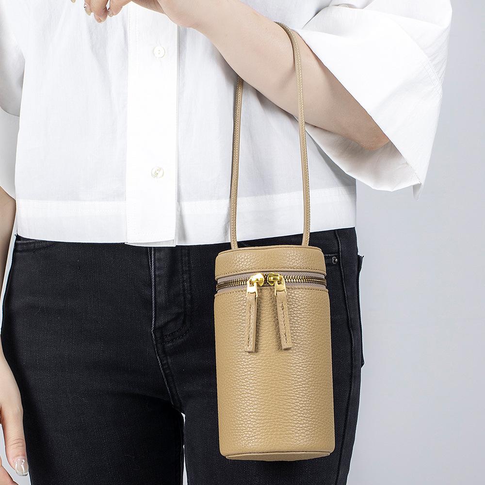 Women's genuine leather niche crossbody bag  high-end bucket bag  first layer cowhide  mobile phone cylinder