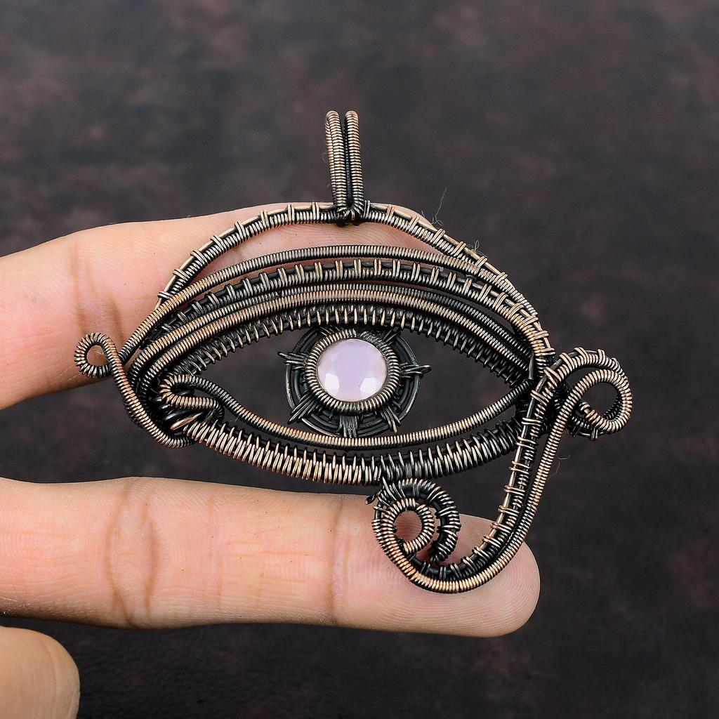 Pingente de Calcedônia Rosa Facetada Pingente de Fio de Cobre Enrolado Pingente de Mau-Olhado Joia de Cobre com Pedras Preciosas Presente para Ele Pingente Feito à Mão Novo