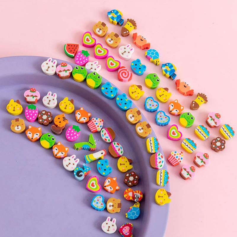 50Pcs/Bag Kawaii Eraser Creative Cartoon Mini Pencil Rubber Animal Fruit Christmas Erasers For Kids School Stationery Supplies