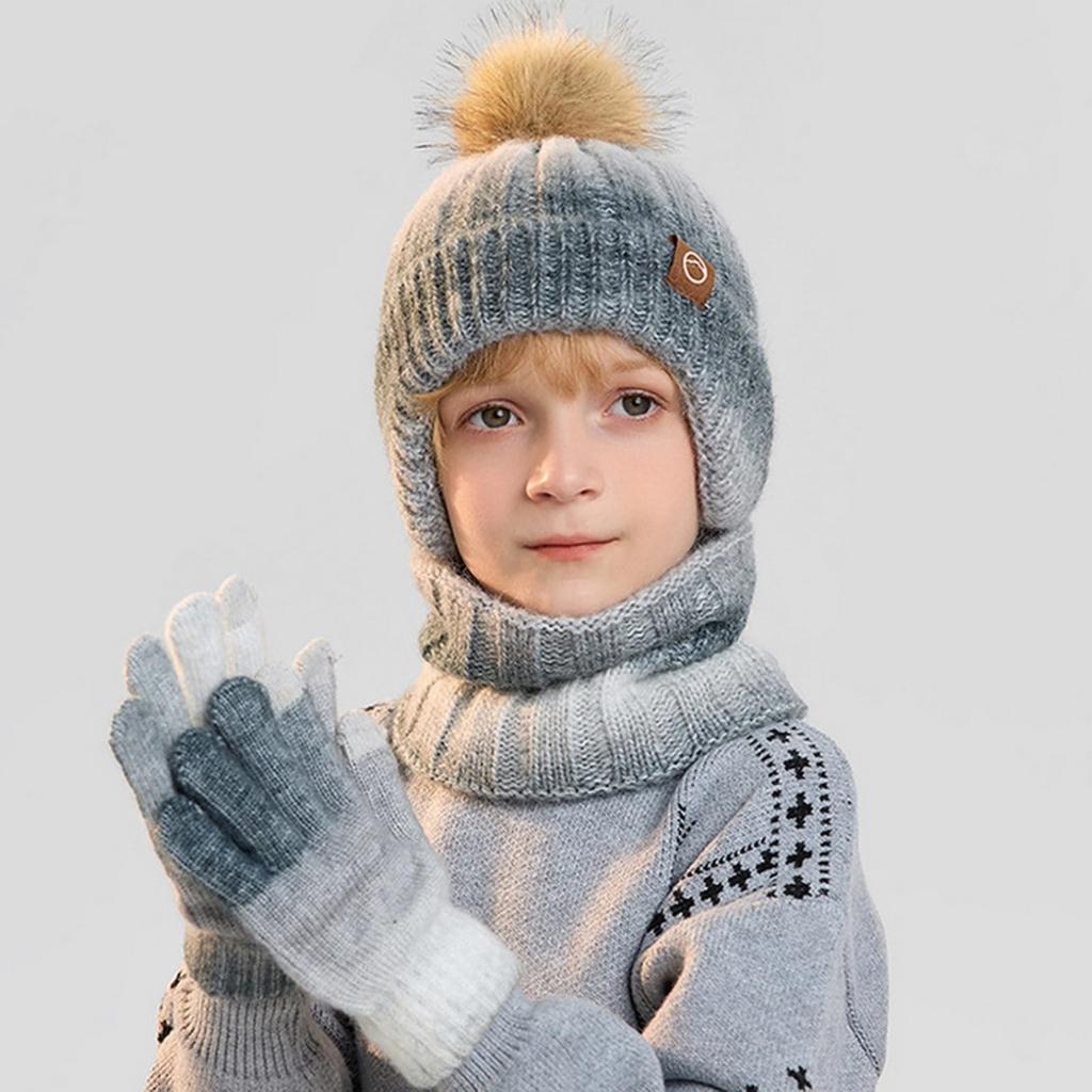 Dreiteiliges Set aus Kinderhut, Handschuhen und Schal - Für Jungen und Mädchen, Winter Fleecegefütterte Warme Ohrenschützer Farbverlauf Wolle Gestrickte Mütze