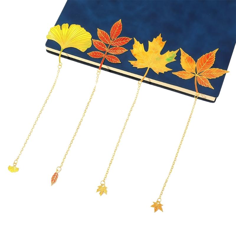 

4Pcs Fall Leaves Metal Bookmarks with Chain Pendant Novel Fiction Page Marker Page Divider for Book Lover Teacher Adult 1