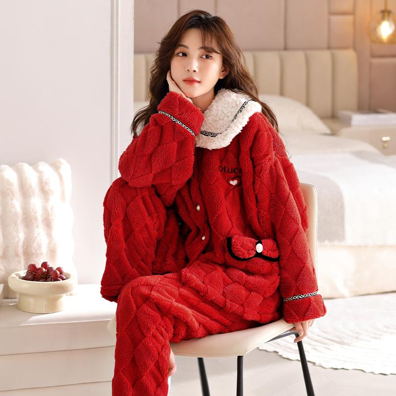 Pajama Women's Autumn/Winter Coral Velvet Set New Women's Flannel and Fleece Thickened Warm Home Wear