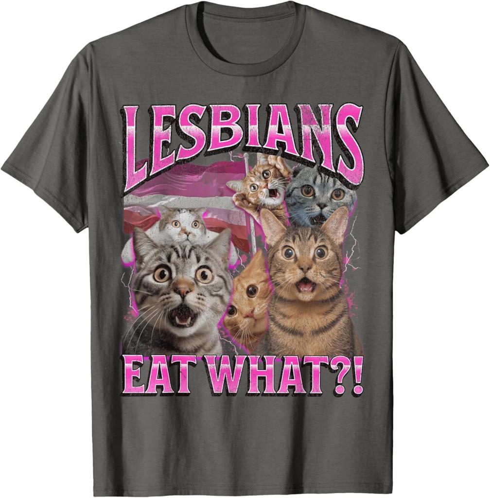 Lesbians Eat What Funny Cat Gay Pride LGBTQ Pun Bootleg TShirt Clothing Graphic Short Sleeve Shirt Men Women AllSeason