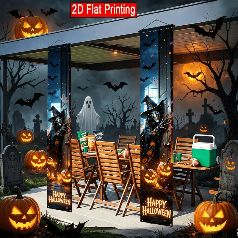 2D Flat, 2D Flat, 2D Flat - 1 Pair 2D Flat Halloween Happy Party Banner, Horror Witch Pumpkin Bat Pattern Design, Flag, Outdoor Courtyard Wall, Hallow