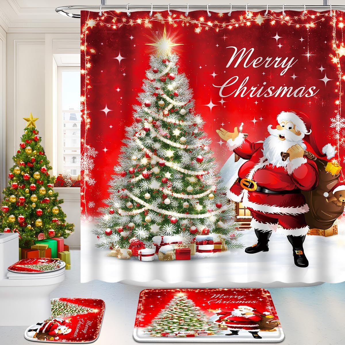 

11style 4Pcs Bathroom Shower Curtain Set Christmas tree Bathroom Curtain With 12 Hooks Non Slip Rugs Toilet Cover Mat Bathroom Partition
