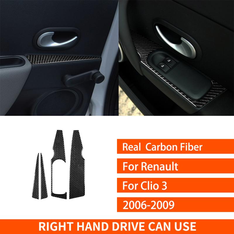 For Renault Clio 3 2006-2012 Real Carbon Fiber Stickers Door Window Lift Armrest Control Panel Car Accessories Decorative