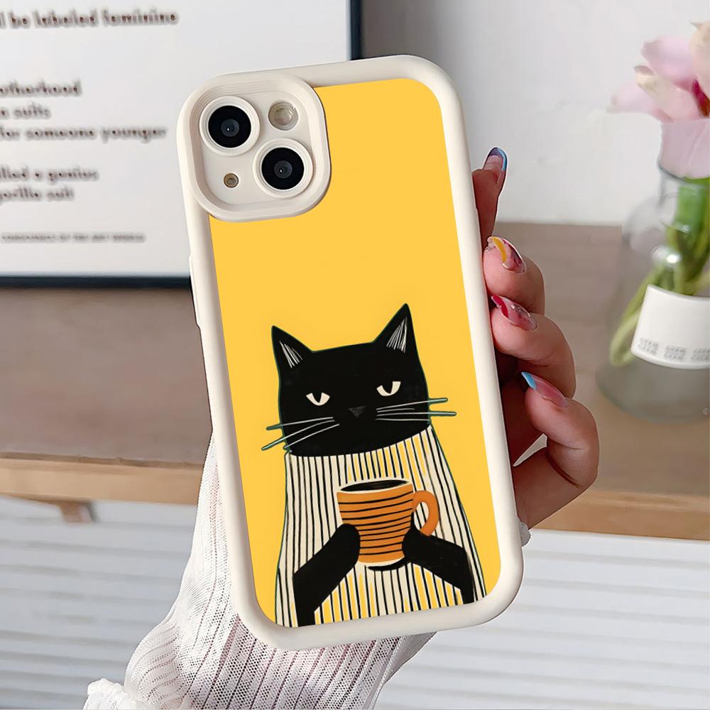 Cute Coffee Cat Thicken TPU Mobile Phone Case for iPhone 17 16 15 14 13 12 11 Air Pro Max Plus Colorful Cover