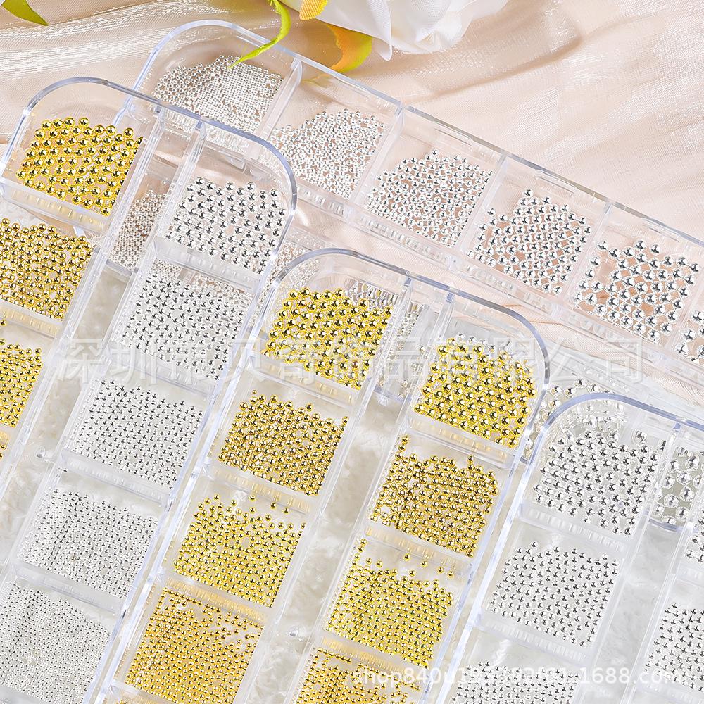 12-Grid Nail Art Box: Mixed Gold & Silver Steel Beads for Nail & Phone Decoration
