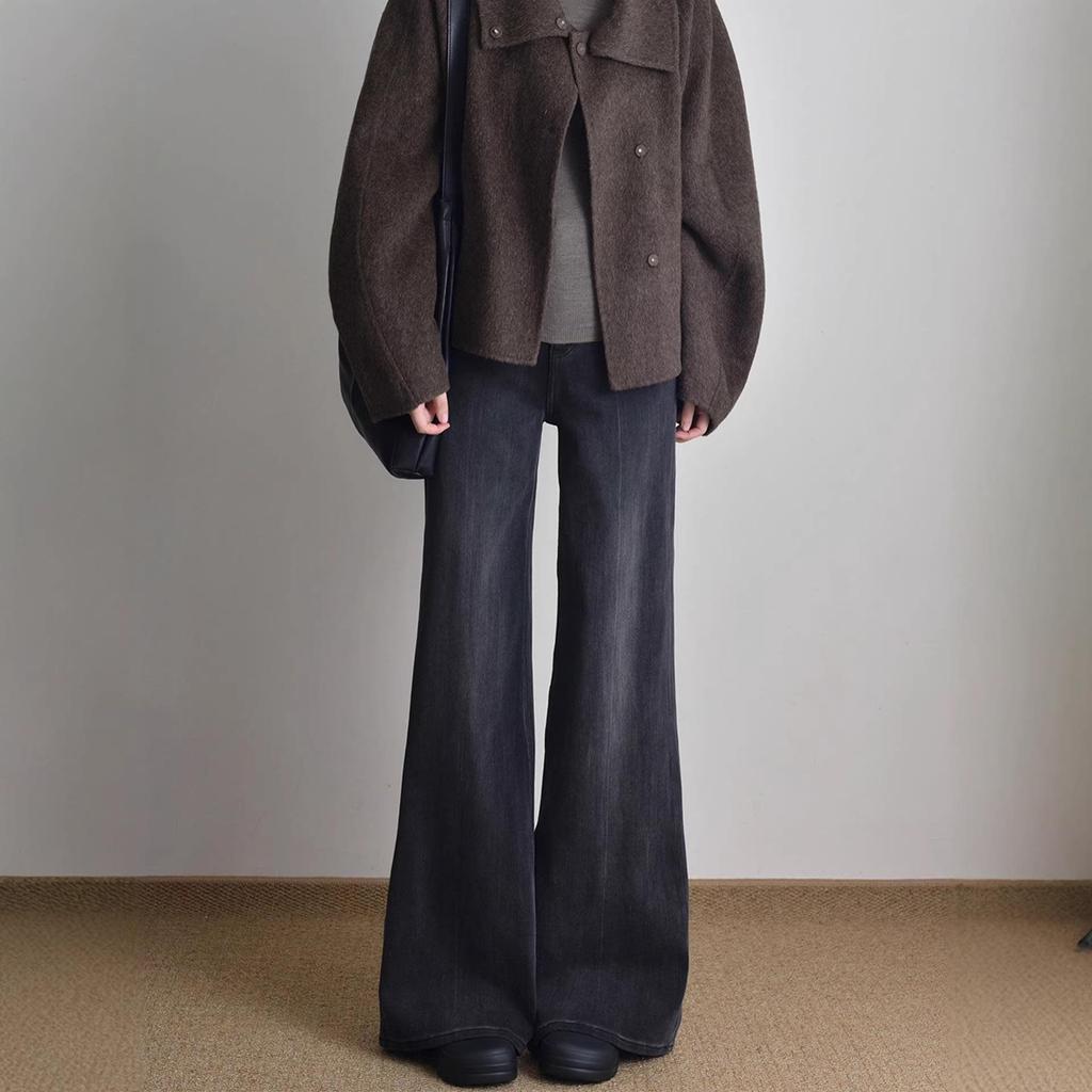 Women's Black-Grey High-Waisted Micro-Flare Jeans, Plus Size, Wide-Leg, Slimming, for Curvy Figures, Spring/Autumn 2025 Style