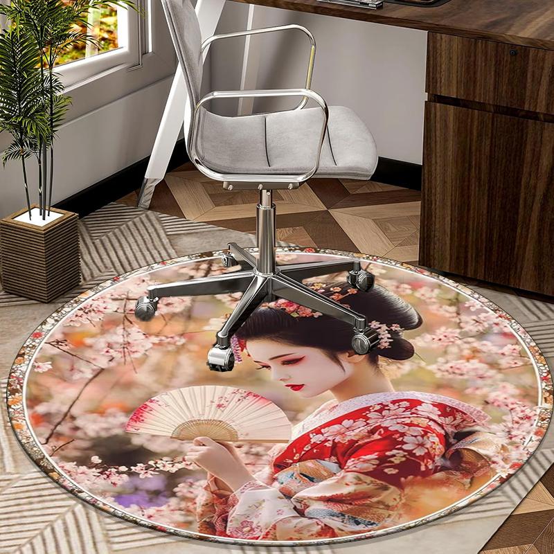 Cherry Blossom Geisha Beauty round carpet Chair cushion Round Entryway Rug, Soft Round Rugs for Living Room, Bedroom, Circle Carpet decor gifts