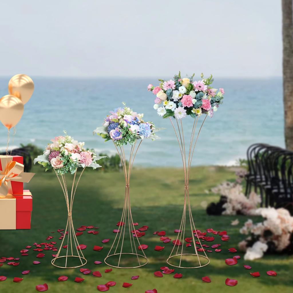 Elegant Gold Table Centerpiece Flower Stand Set of 3 - Modern Hourglass-Shaped Iron Floor Vases - Versatile Wedding Aisle Decor