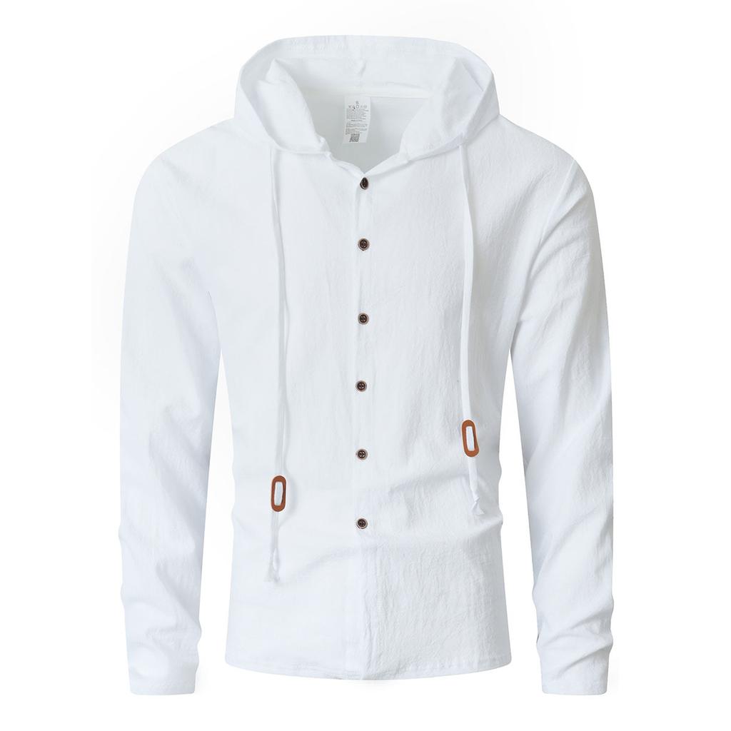 Men's Hooded Linen Blend Shirt, Loose Fit Button-Up Shirt, Long Sleeve Wrinkle-Free Moisture Wicking Casual Top