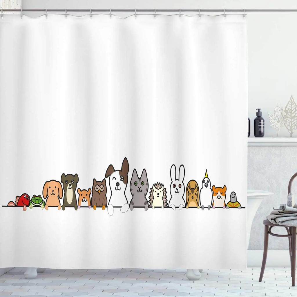 Cartoon Shower Curtain Pet Cat Dog Cute Rainbow Animal Cute Kid Boy Girl Skateboard Home Polyester Fabric Bathroom Decor Curtain