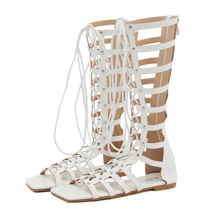 

Fashion Eilyken Design Style Rivets Hollow Out T-tied Lace-up Knee-High Sandals Women Gladiator Boots Flats Heels Casual Shoes 36 белый