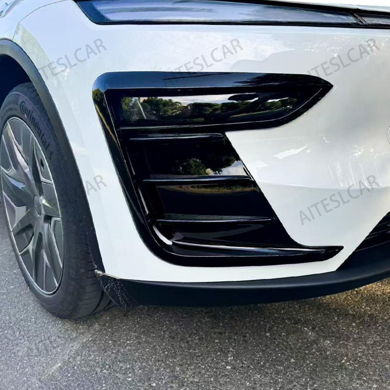 For New Tesla Model Y Juniper 2025 2026 + Glossy Black/Carbon Look Car Front Bumper Fog Light Frame Spoiler Decoration Body Kit