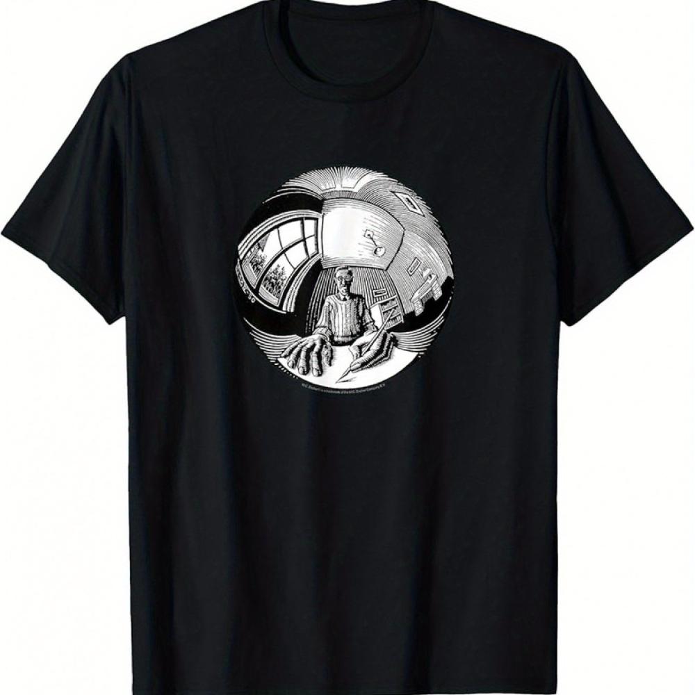 Men's M.C. Escher Spherical Self Portrait Graphic T-Shirt Black Optical Illusion Art Print Bohe