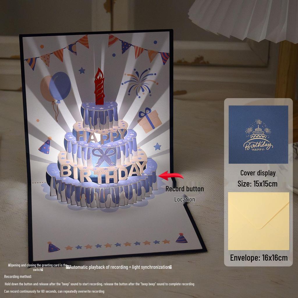 3D Pop-Up Birthday Sound Card with Recording Light - Cake Design for Boyfriend/Girlfriend Gift