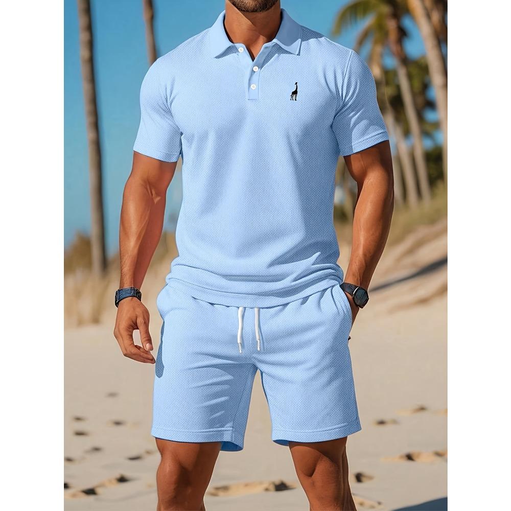 

Men Fashion Letter Print POLO with Drawstring Shorts Summer Business Casual T-Shirt and Shorts Set M синій