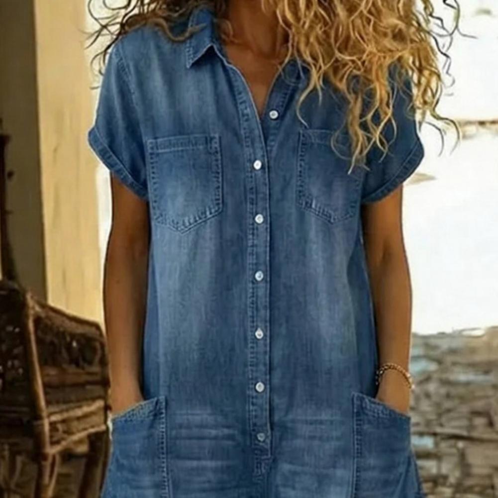 Spring Summer Women Short Sleeve Button Down Jean Short Jumpsuit Cuffed Hem One Piece Overall with Pockets