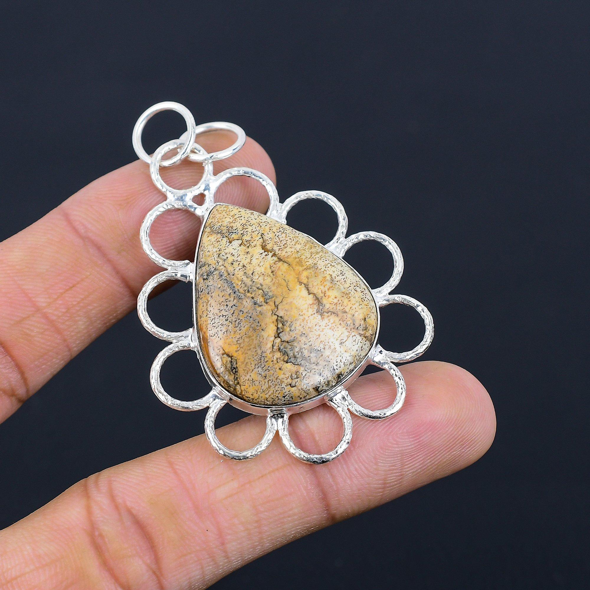 925 Sterling Silver Pear Picture Jasper Stone Bezel Trendy Boho Pendant Jewelry