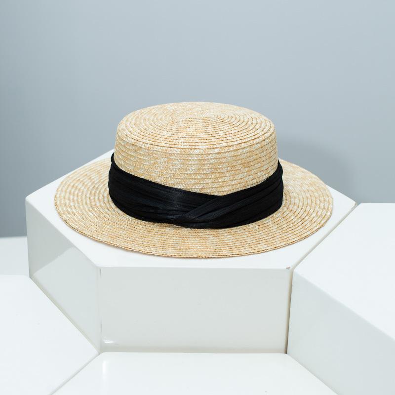 Fine Handwoven Sisal Decor Straw Hat, Flat Top with Round Ring, Sun Protection Wide Brim, Breathable Beach Cap for Women