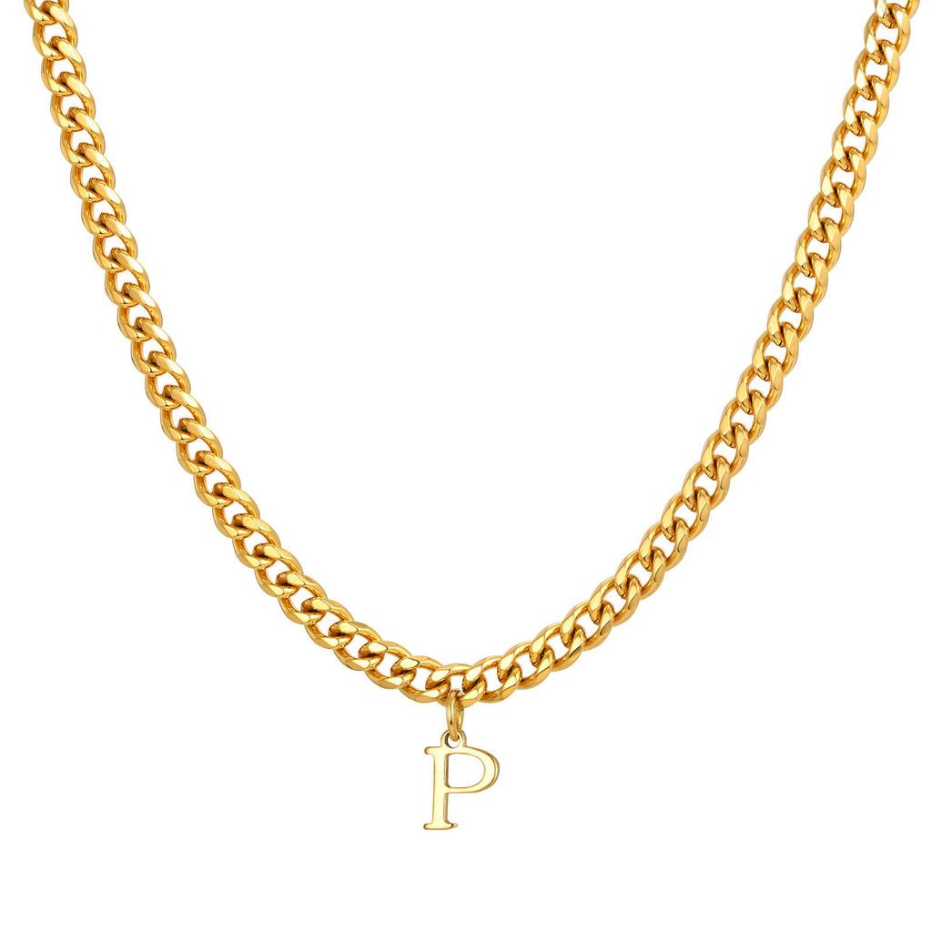 Gold Men's Stainless Steel Hexagonal Alphabet Necklace - Quanxi Water Jewelry NC-1855