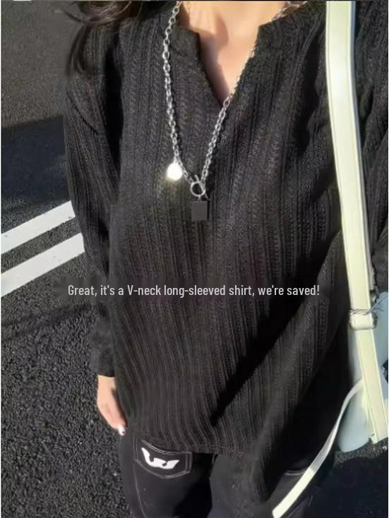 

Unisex Fishbone Pattern American-Style Knit V-Neck Sweatshirt, Heavyweight Long-Sleeve Top for Autumn, Ideal as T-Shirt, Inner Wear, or Base Layer. L чорний