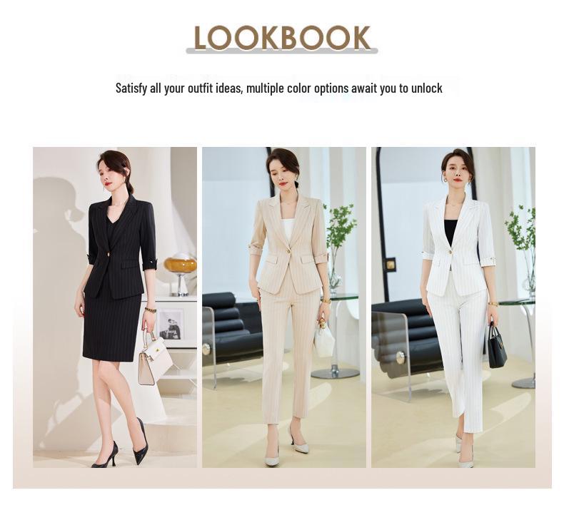 Women's White Striped Seven-Sleeve Suit Jacket - Professional Spring/Summer Fashion