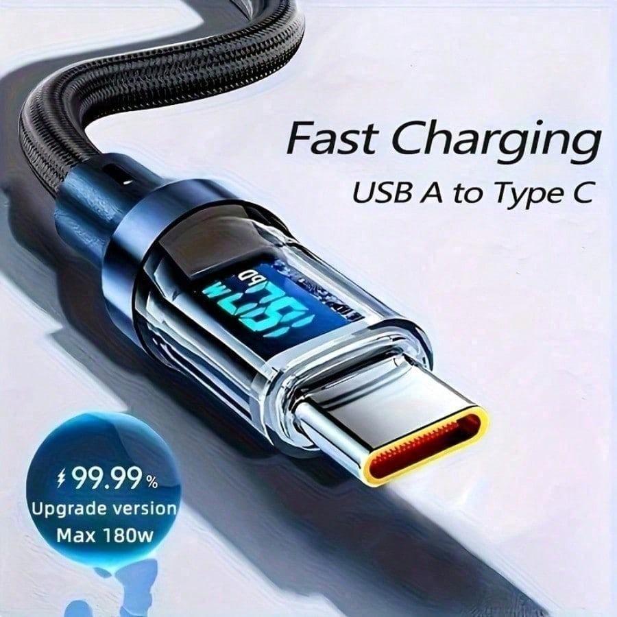 

180W ultra fast charging USB A to Type-C cable with LED digital display, matte surface, data synchronization, чорний