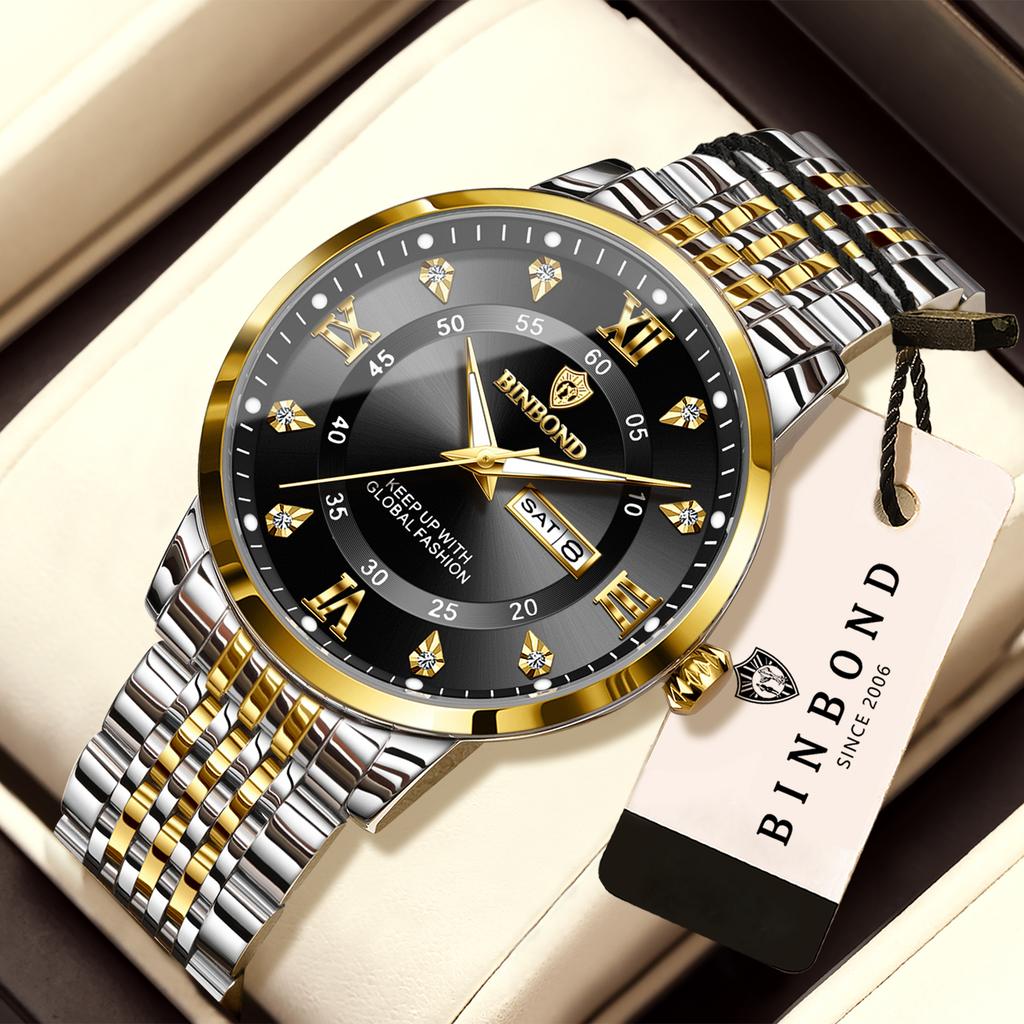 BINBOND Precise Luxury Quartz Wristwatches For Men Luminous Waterproof Week Display Men's Watch Stainless Steel Reloj Free Ship