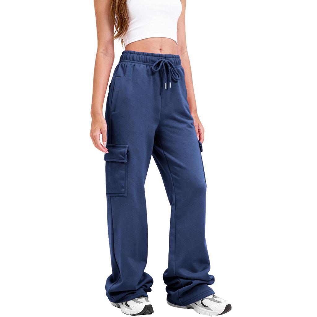 Women Cargo Sweatpants Stacked Pants Warm Fleece Drawstring Waist Casual Joggers Trousers