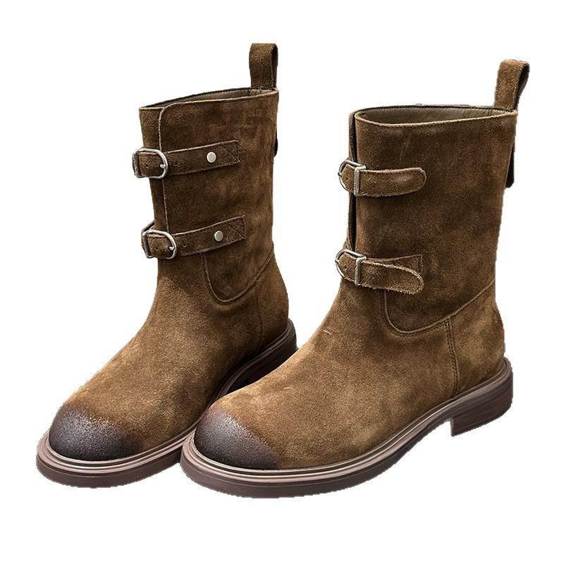 Sheepskin Version~ Retro Polished Belt Buckle Western Cowboy Boots Slim Short Boots Women's Maillard Martin Boots Locomotive Boots