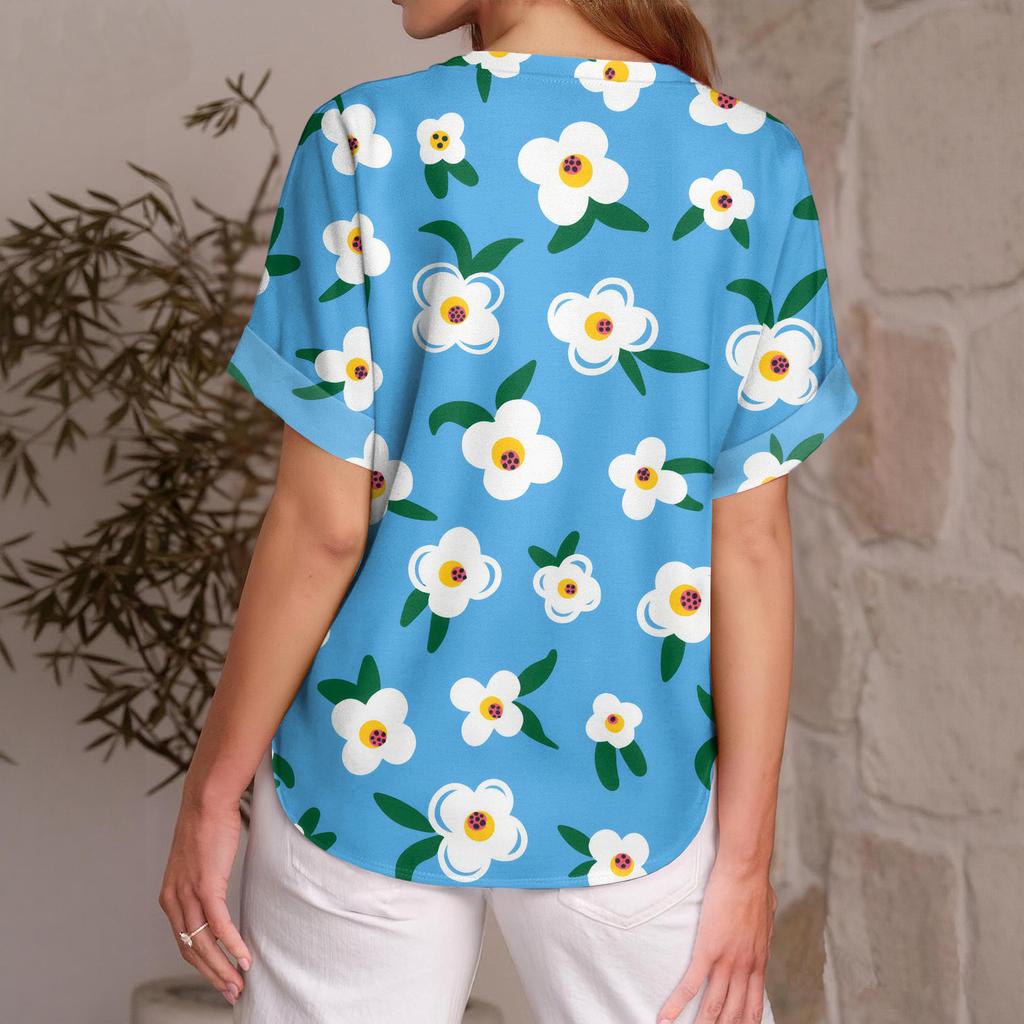 Top de Verano Casual Versátil a la Moda para Mujer con Estampado Floral Delgado de Manga Corta