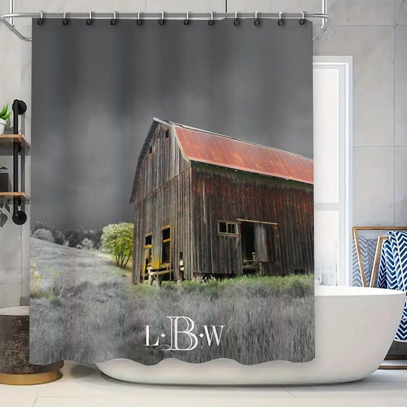 

Rustic Barn Outdoor Shower Curtain With White Text For Bathroom Decor Dark Grey Background And Red Roof Design By L.B.W Collecti W60H190(CM)-1 Pcs