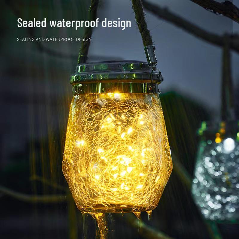 Solar Crackle Glass Mason Jar Hanging Light - Outdoor Garden Christmas Decoration