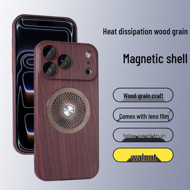 Compatible Apple 17 Cooling Magnetic Wood Grain Case for iPhone 16 Pro, Ultra-thin PC, Drop-proof, MagSafe 15 14 Plus