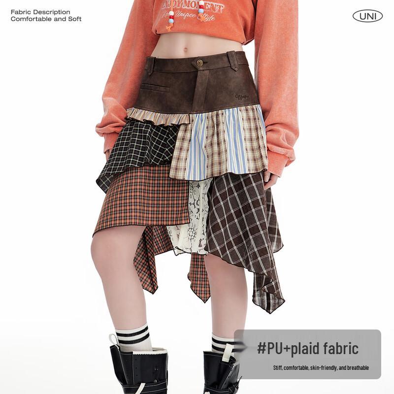 unifree Vintage nieregularna mini spódnica w kratę patchworkową