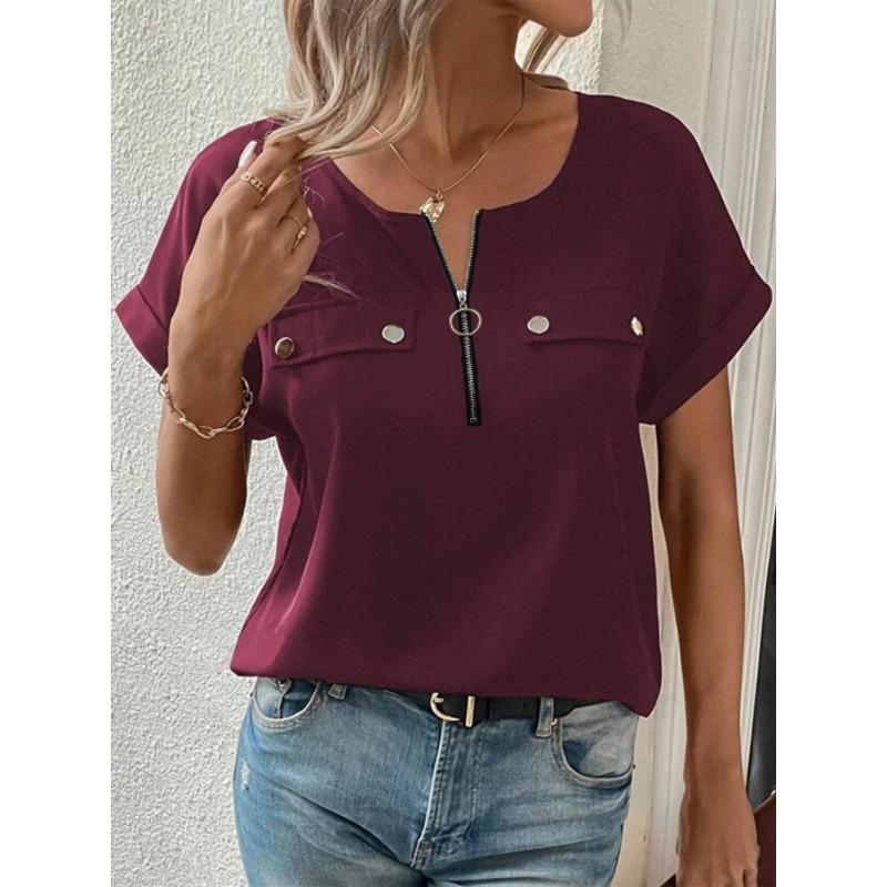

Women Summer Half Zip Pocket Detail Rolled Short Sleeve Multi Color Casual Loose Fit Blouse S