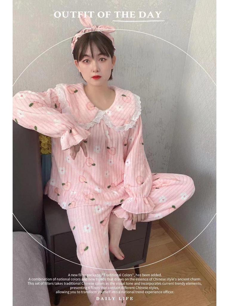 Damen Dickes Flanell Korallenfleece Pyjama Set - Niedlicher Langer Cardigan Homewear für Herbst und Winter