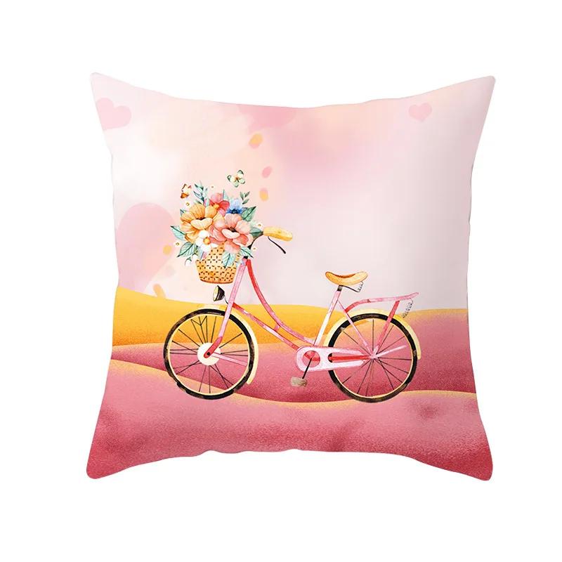Valentine's Day Bicycle Flower and Grass Print Cushion Cover Home Living Room Sofa Decoration Pillow