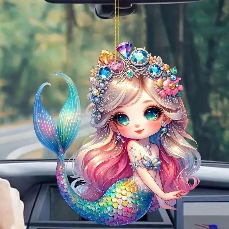 Flat Acrylic Mermaid Surface Pendant With Fun Cartoon Style For Inside Car