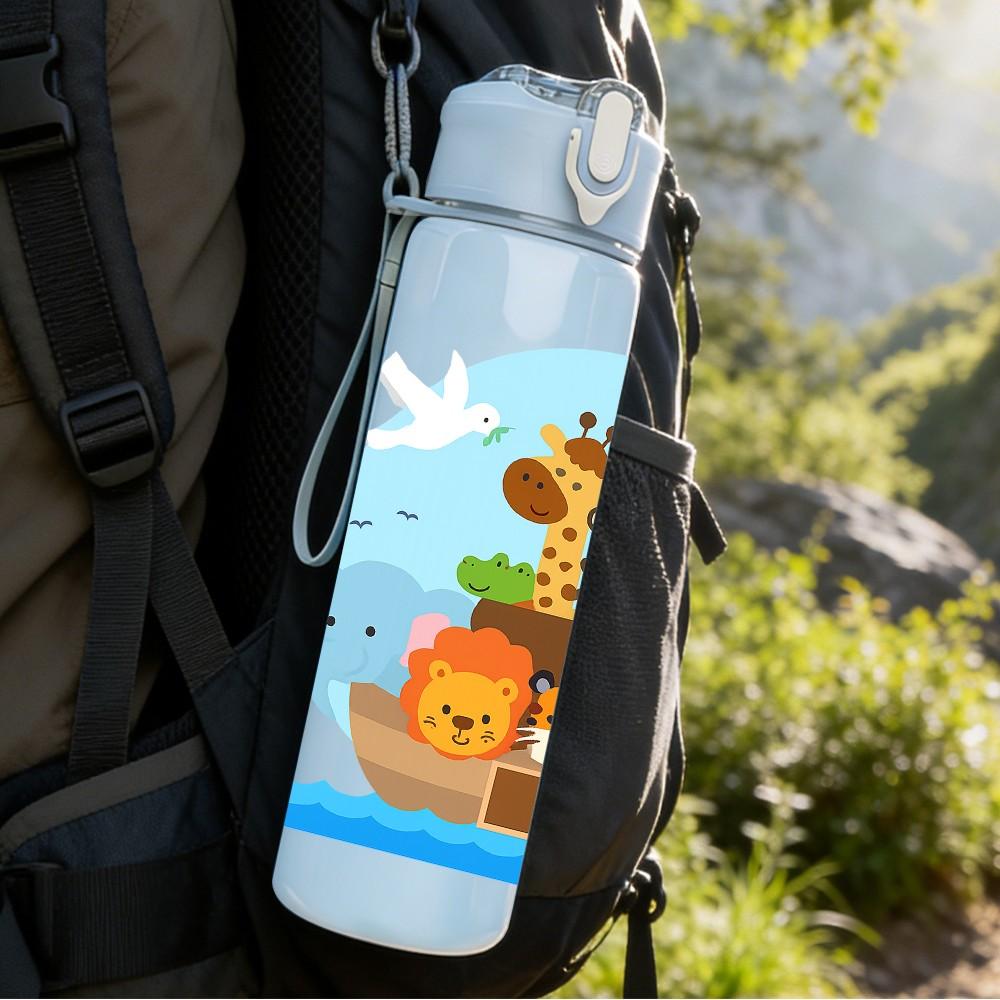 1PC Noah Ark Animal Cartoon Print 750ml Color Plastic Sports Water Bottle Leakproof Flip Straw Lid Suitable for Sports Office Home Use