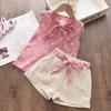 Girls Clothing Sets  Summer Kids Clothes Floral Chiffon Halter+ Embroidered Shorts Straw Children Clothing