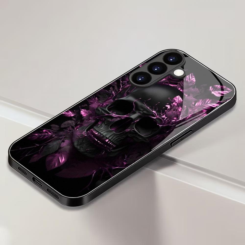 Purple Flower Skull Tempered Glass Phone Case Suitable for Samsung Galaxy S26 S25 S24 S23 S22 S20 FE/Ultra/Plus Anti Drop